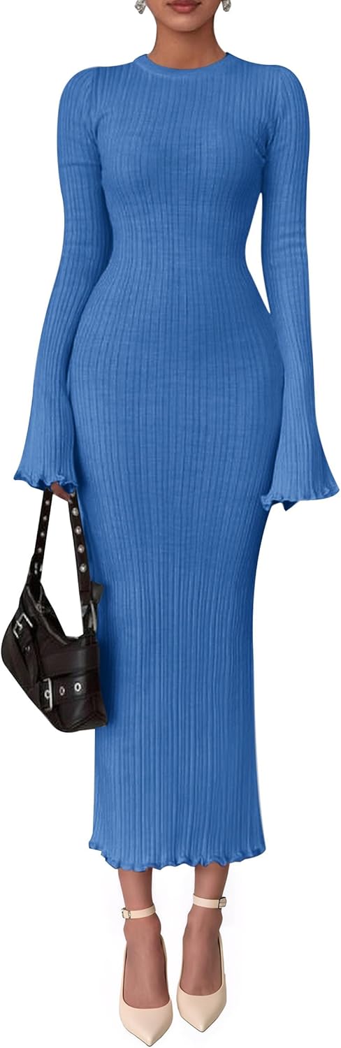 PRETTYGARDEN Sweater Dresses for Women 2025 Fall Bell Long Sleeve Crew Neck Bodycon Maxi Dress Winter Ribbed Knit Outfits