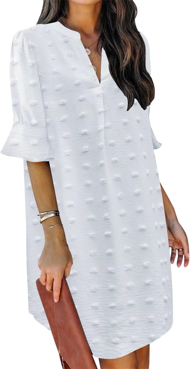 QACOHU Summer Dresses for Women V Neck Ruffle Short Sleeve Casual Shift Dress
