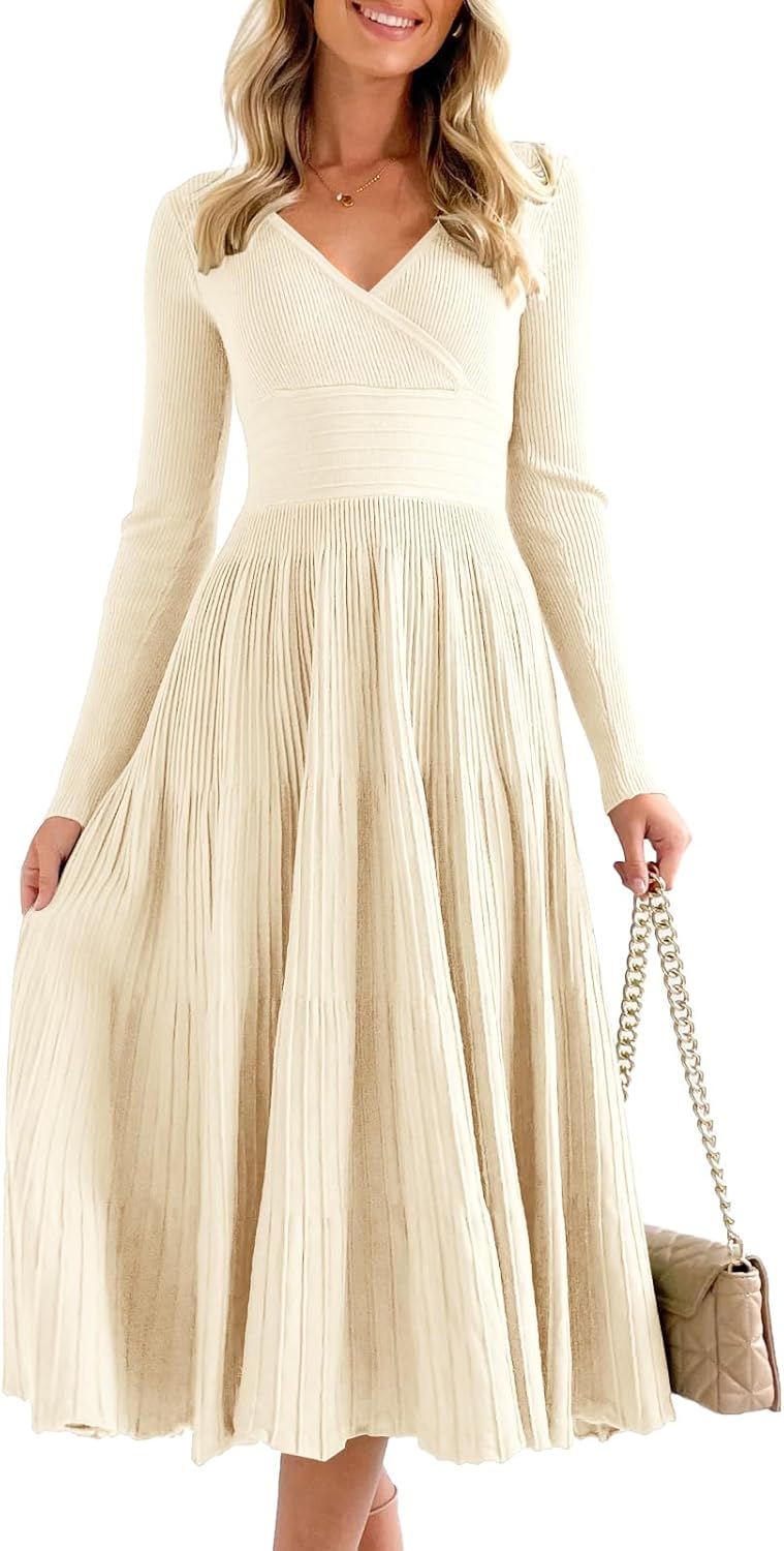 Saodimallsu Womens Long Sleeve Midi Sweater Dress Wrap V Neck Pleated A Line Fit Flare Elegant Knit Maxi Dress