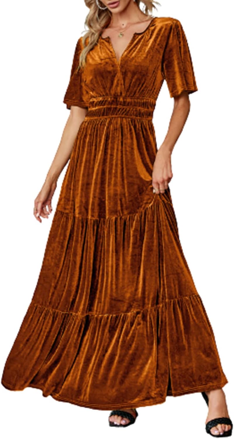 Amegoya Women's Velvet Short Sleeve V Neck Formal Wedding Guest Maxi Dresses Fall Evening Party Long Dresses