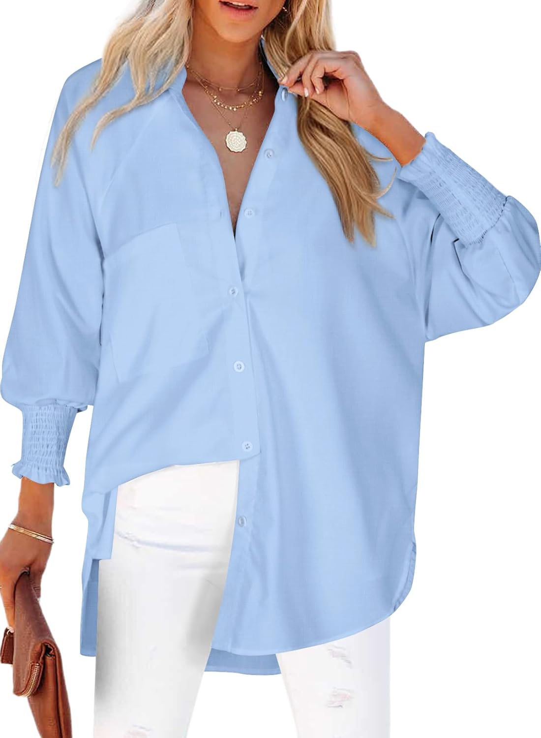 Womens Smocked Cuffed Striped Boyfriend Shirt Casual Collar Long Sleeve Oversized Button Down Blouse Tops with Pocket Shirred