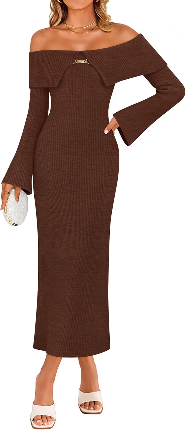 ZESICA Women's Fall Off Shoulder Sweater Dress 2025 Bell Long Sleeve Ribbed Knit Bodycon Formal Maxi Dresses