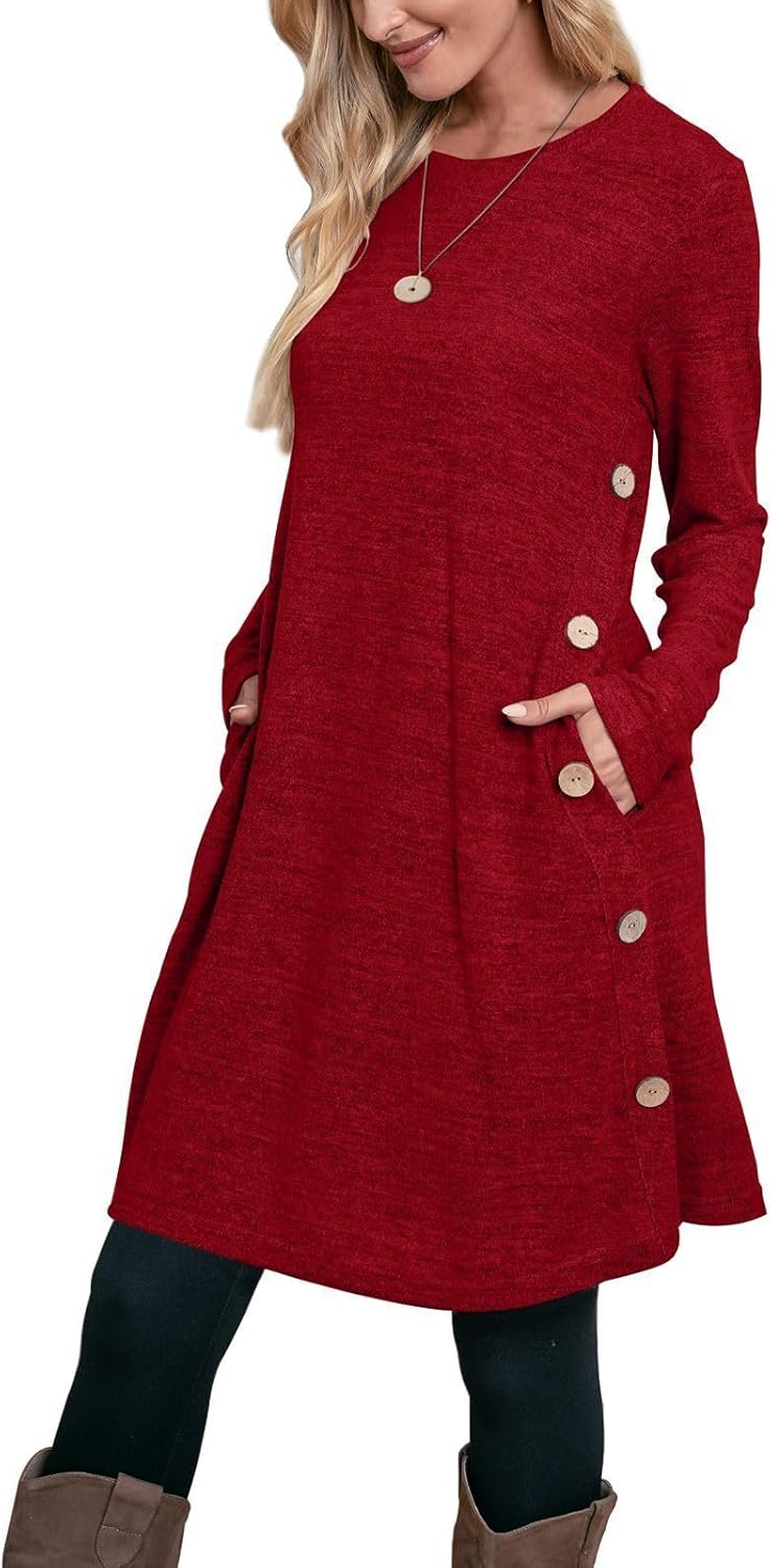 OFEEFAN Long Sleeve Dress for Women Crew Neck Tunic Dress with Pockets Buttons Side