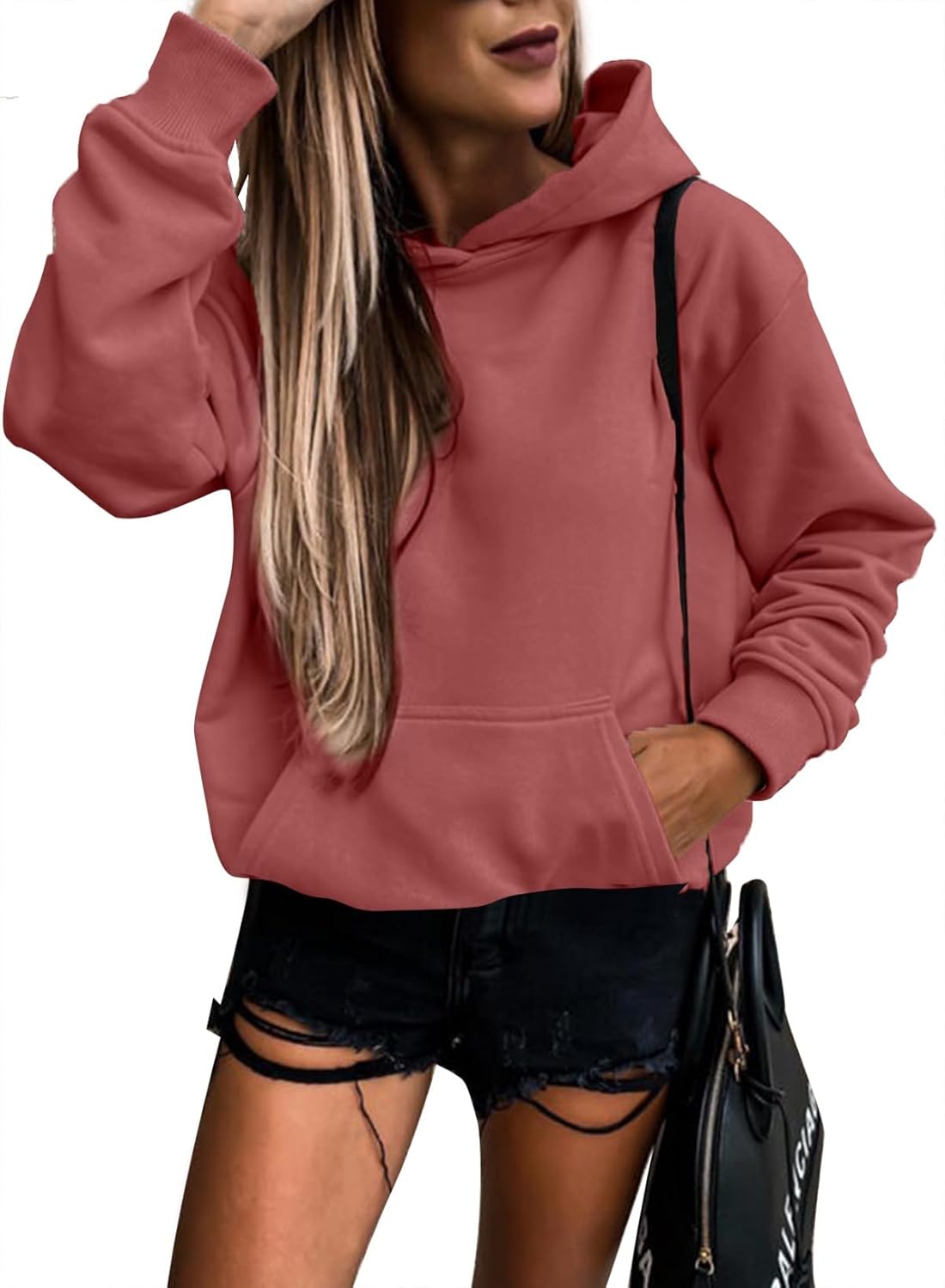 SHEWIN Women's Casual Hoodies Long Sleeve Solid Lightweight Pullover Tops Loose Sweatshirt with Pocket