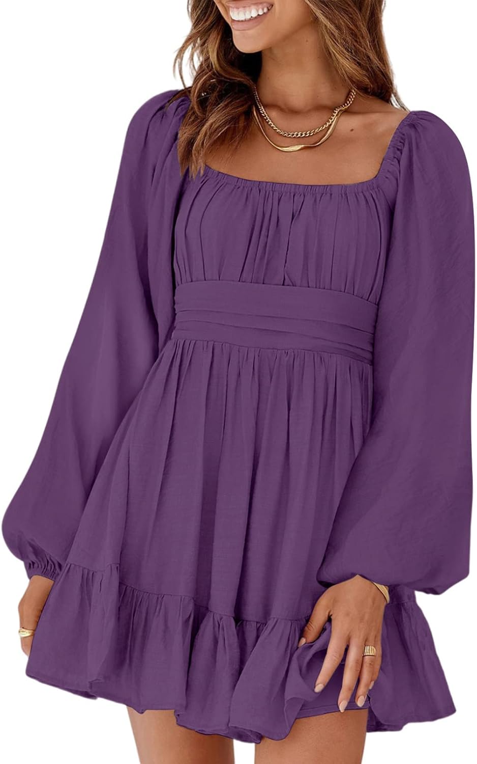 Dokotoo Womens Dress Long Lantern Sleeve Square Neck Tie Backless Sexy Dress Ruffle Elastic Waist A-Line Mini Dress