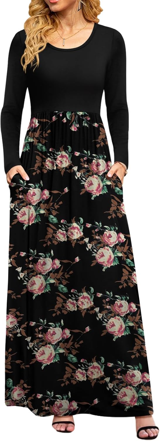 DB MOON Women Casual Long Sleeve Maxi Dresses Empire Waist Long Dress with Pockets