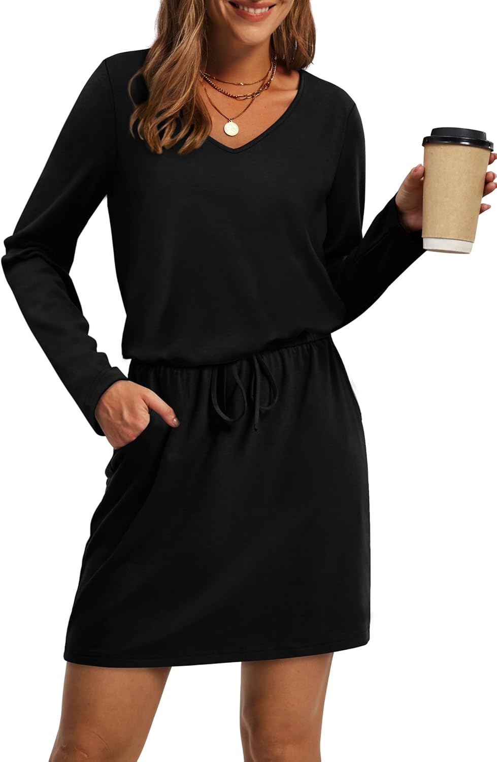 OFEEFAN Fall Dresses for Women 2025 Loose V Neck Long Sleeve T Shirts Casual Sundresses Tie Front A-Line Dresses