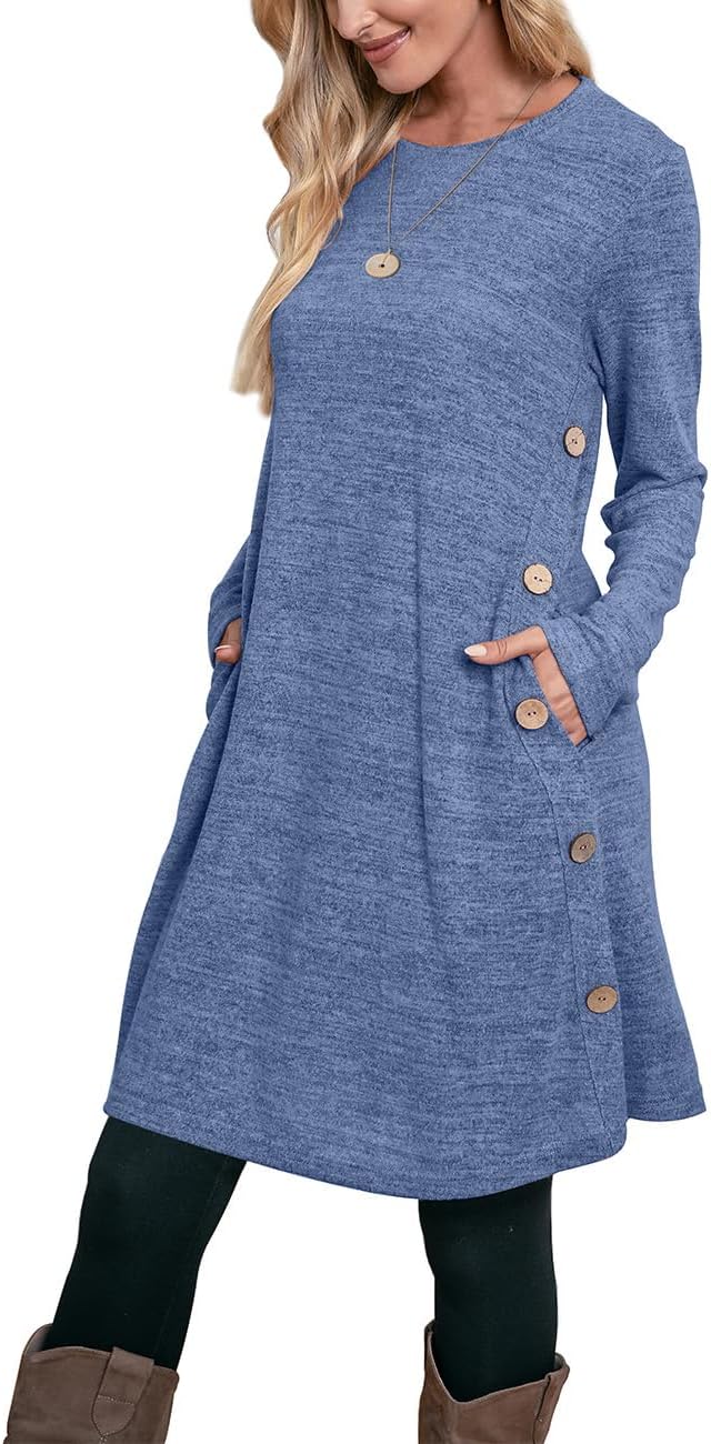 OFEEFAN Long Sleeve Dress for Women Crew Neck Tunic Dress with Pockets Buttons Side