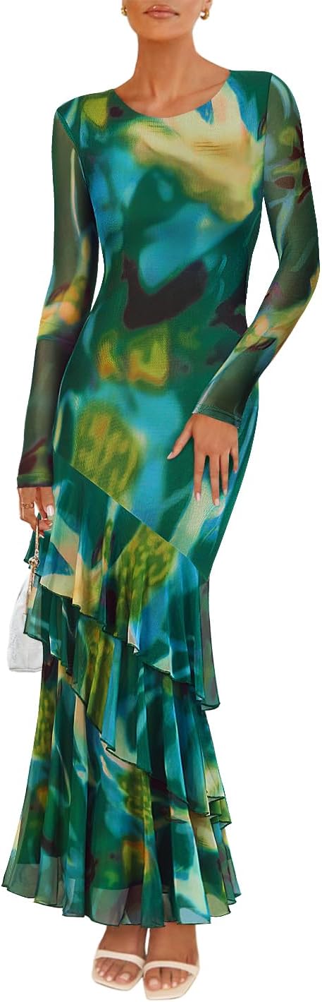ZESICA Women's Fall Floral Wedding Guest Bodycon Dresses 2025 Long Sleeve Crewneck Mesh Ruffle Mermaid Party Maxi Dress