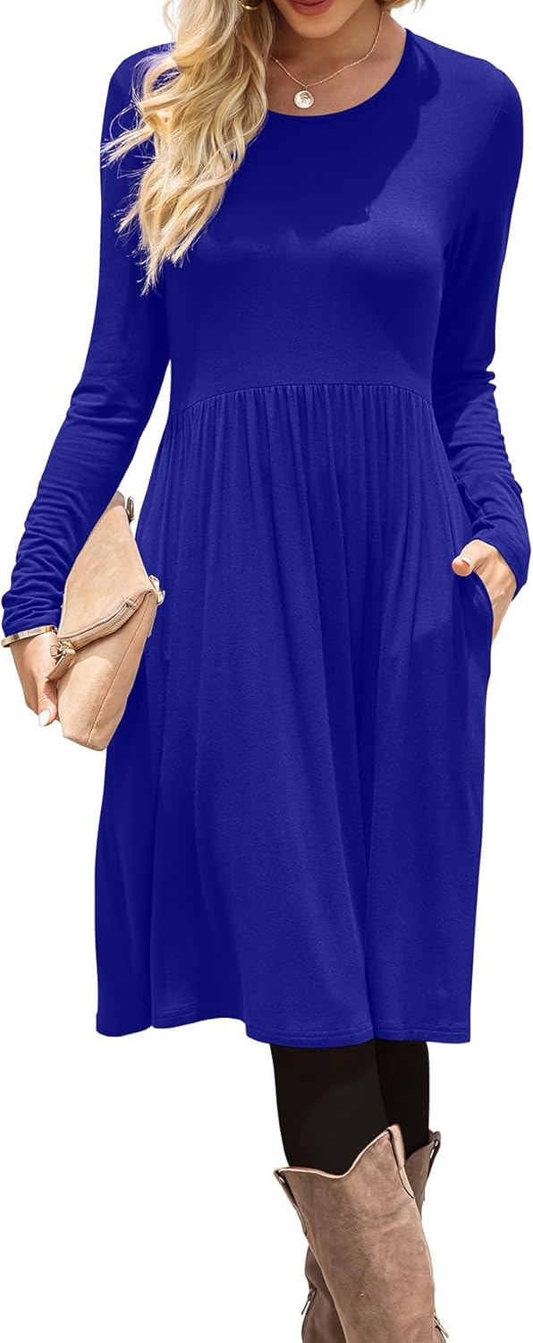 DB MOON Women Casual Long Sleeve Dresses Empire Waist Knee Length Loose Dress with Pockets