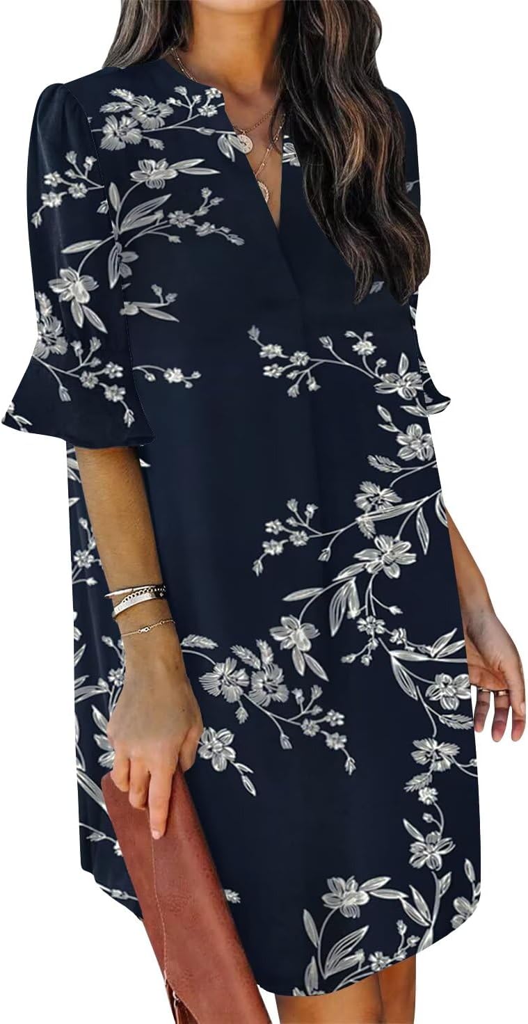 QACOHU Summer Dresses for Women V Neck Ruffle Short Sleeve Casual Shift Dress