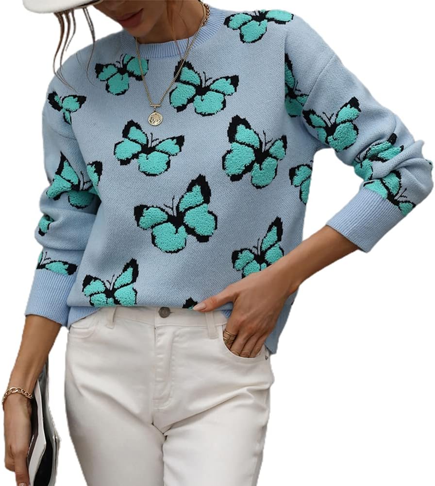 JUNBOON Women’s Casual Leopard Print Knitted Pullover Sweaters Long Sleeve Crew Neck Jumper Tops