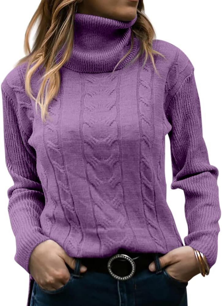 Langwyqu Womens' Turtleneck Long Sleeve Cable Knit Sweaters
