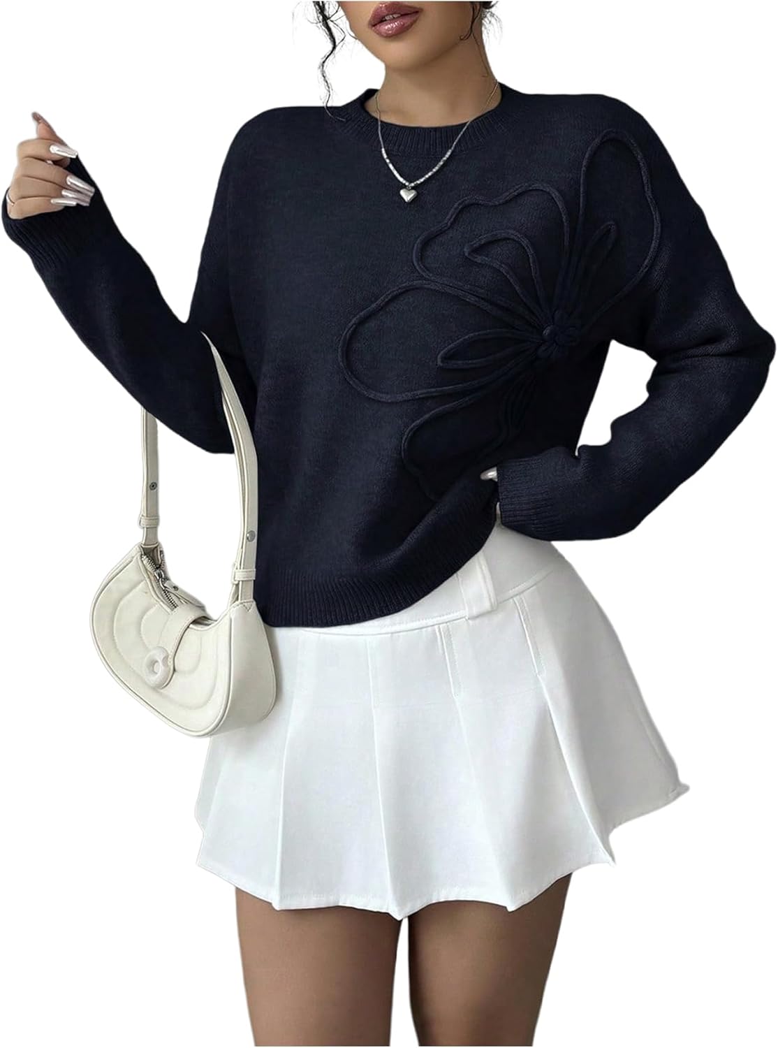 Women's 3D Floral Appliques Crewneck Sweaters Long Sleeve Drop Shoulder Pullovers Elegant Knit Tops