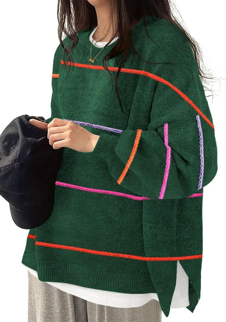 Women's Oversized Crewneck Sweaters Batwing Long Sleeve Side Slit Ribbed Knit Pullover Sweater Tops