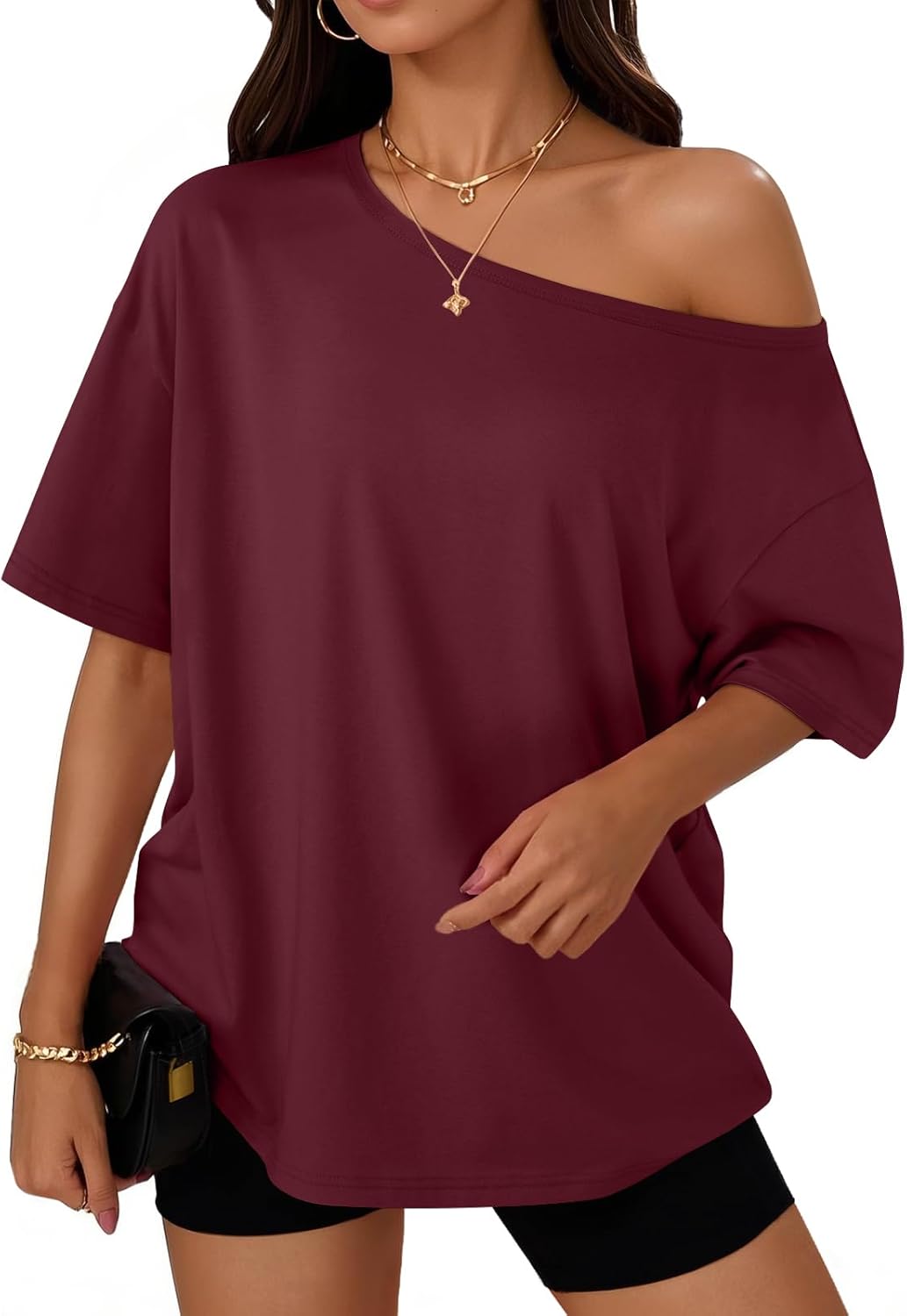 Trendy Queen Womens Off The Shoulder Tops Oversized T-Shirts Short Sleeve Tees Summer 2025 Casual Spring Fashion Clothes