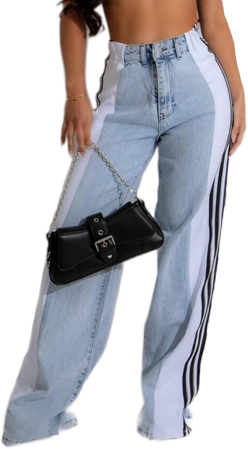 Angsuttc Womens Jeans with Patchwork Stripes High Waisted Stretchy Denim Color Block Straight Wide Leg Trendy Jean