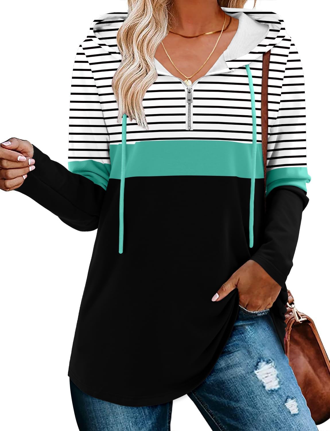 BETTE BOUTIK Womens Quarter Zip Tunic Hoodies Pullover Long Hooded Sweatshirts S-3XL