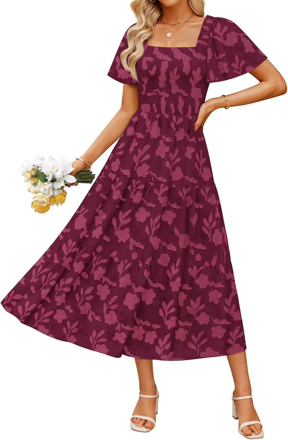 ZESICA Women‘s Summer Boho Floral Midi Dress 2025 Casual Short Sleeve Square Neck Flowy Beach Vacation Long Dress