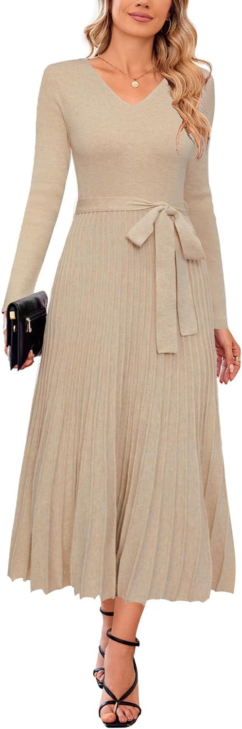 Arach&Cloz Women's Wool Blend Tie Waist Pleated Fall Sweater Dress 2025