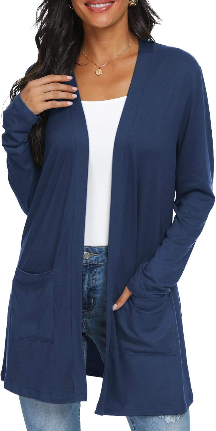 Womens Casual Lightweight with Pocketes Long Sleeve Open Front Cardigan