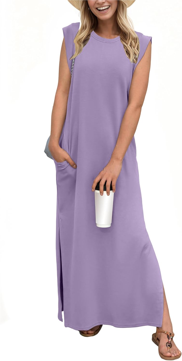 GRECERELLE 2025 Women Year-Round Casual Round Neck Loose Split Wrinkle-Free Long Maxi Vacation Dress with Pockets (XS-3XL)