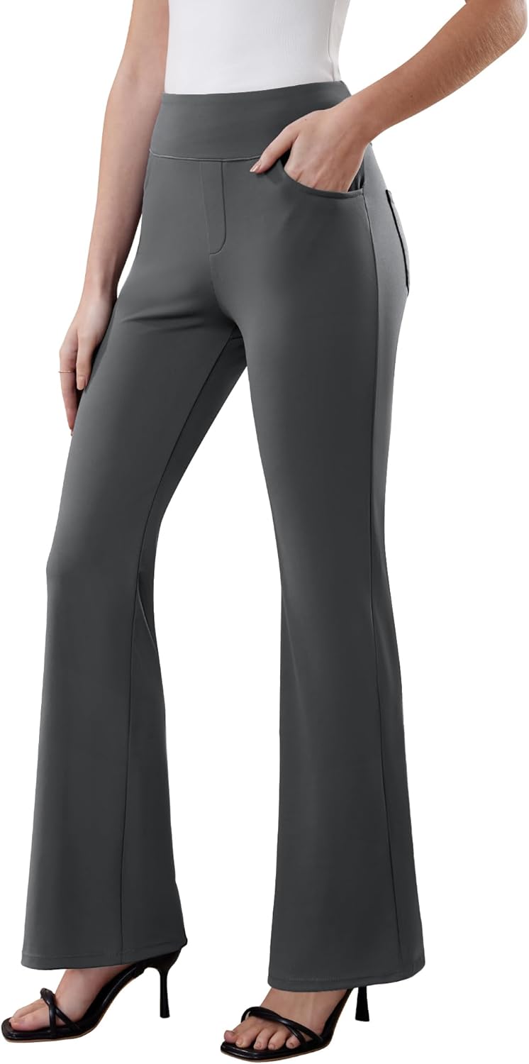 Womens Dress Pants Stretchy Work Pants Business Casual Office Trousers Pull On Flare Slacks with 4 Pockets