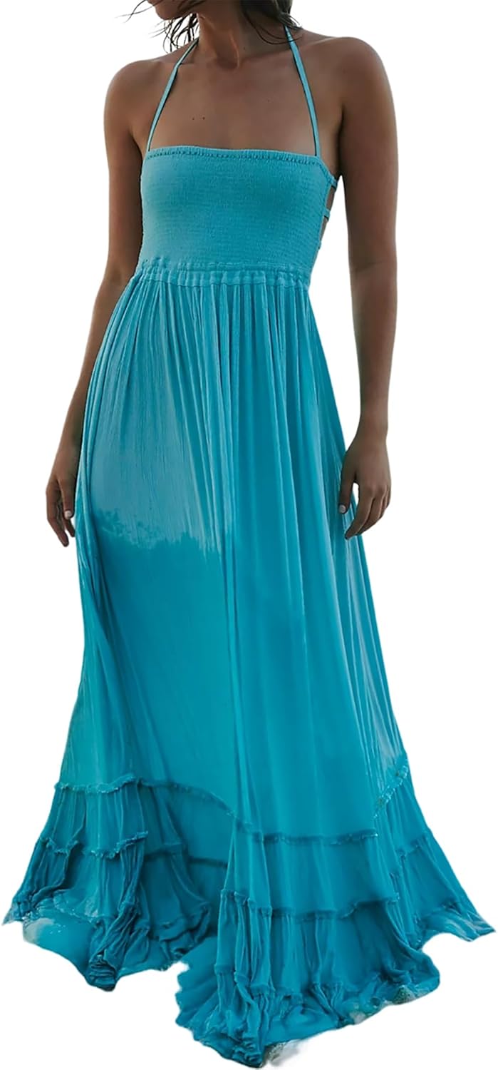 R.Vivimos Womens Summer Boho Sexy Backless Long Dresses