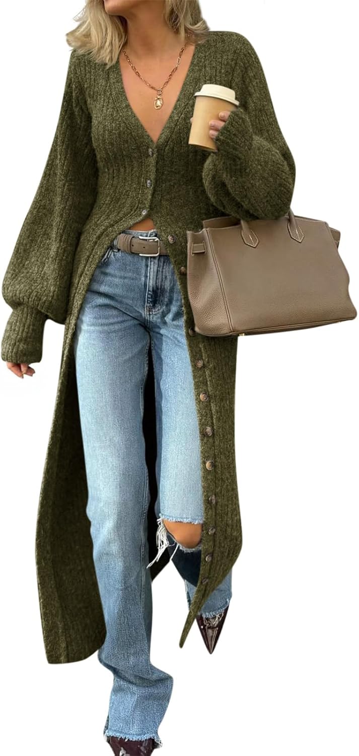 Saodimallsu Womens Long Cardigans V Neck Button Down Chunky Knit Dusters Sweater Coat Fall Trendy Maxi Sweater Dress
