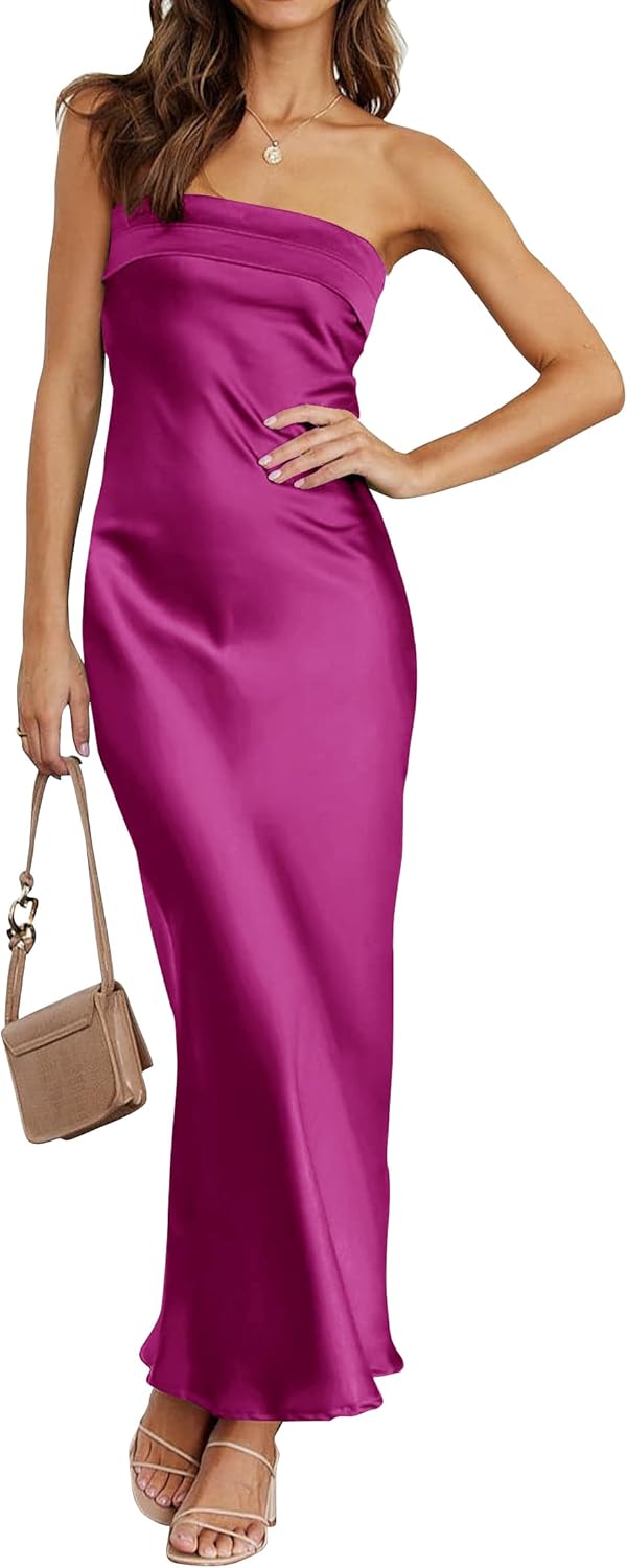 MEROKEETY Cocktail Dresses for Women Summer Strapless Satin Tube Bodycon Backless Wedding Guest Formal Party Maxi Dress