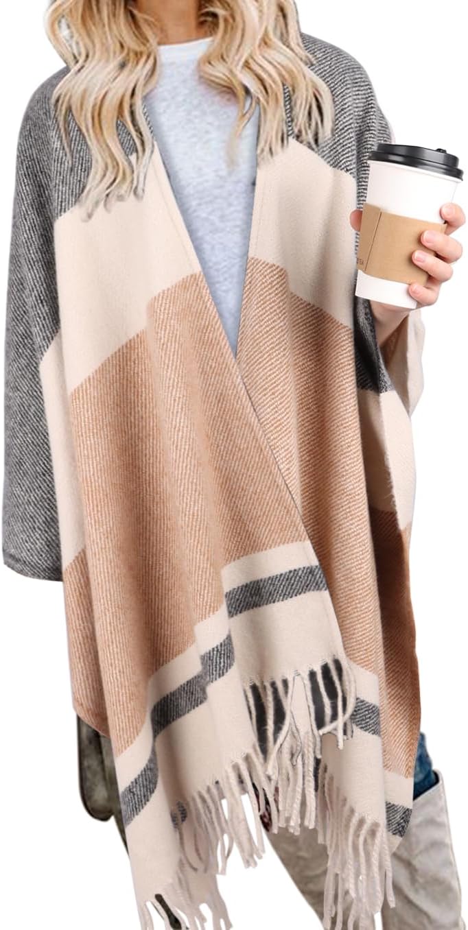 Bestshe Women's Boho Open Front Poncho Knitted Plaid Shawl Wrap Cape Tassel Cardigan Sweater