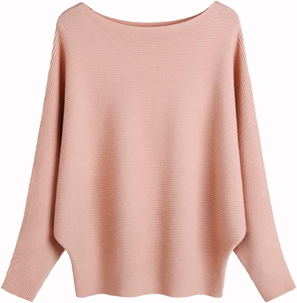 Ckikiou Womens Lightweight Oversized Boat Neck Sweaters Tops Dolman Batwing Sleeve Ribbed Knitted Pullovers