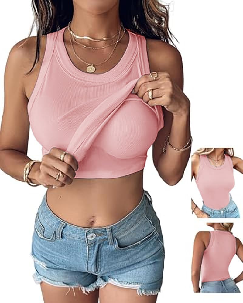 CHICME Women Built-in Bra Tank Tops Sleeveless Casual Shirts Racerback Ribbed Fitted Tank Tops