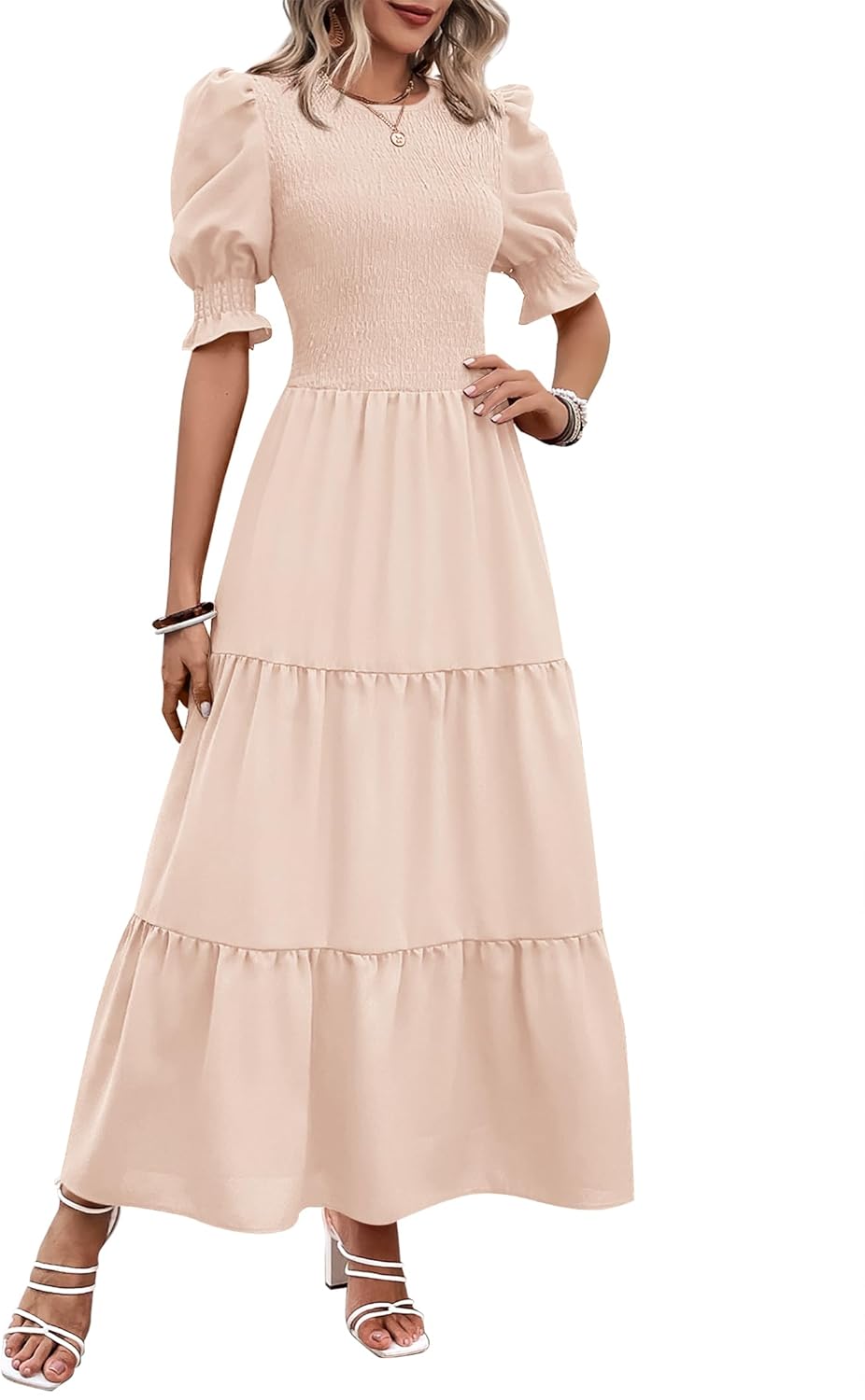 BTFBM Women Casual Summer Dresses 2025 Spring Crew Neck Ruffle Short Sleeve Floral Print Smocked Boho Flowy Maxi Dress