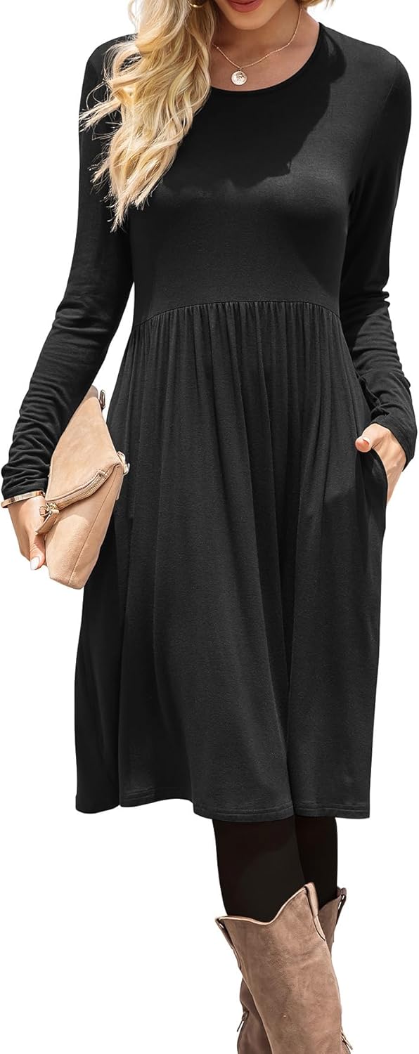 DB MOON Women Casual Long Sleeve Dresses Empire Waist Knee Length Loose Dress with Pockets