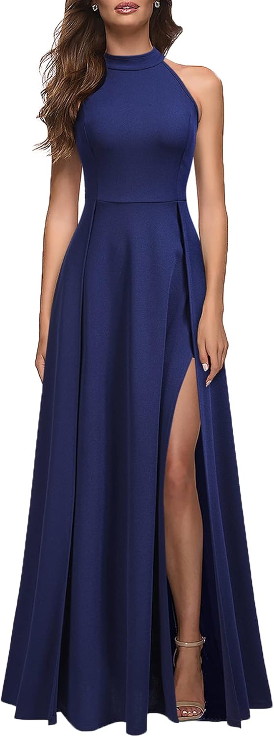 MUSHARE Women's Halter Neck Sexy Split Cocktail Party Maxi Long Formal Dress