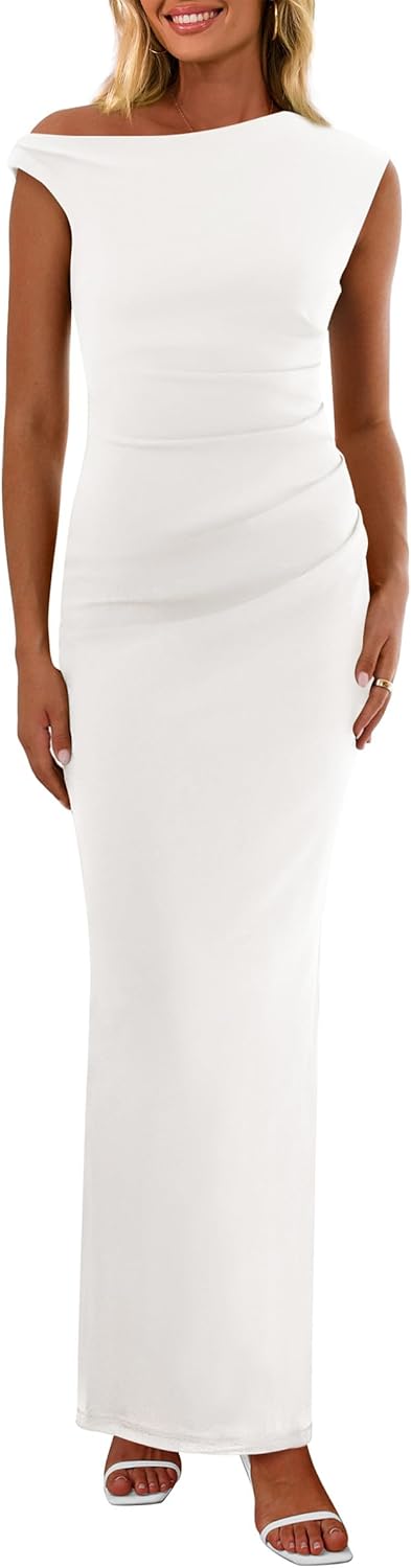 PRETTYGARDEN Women's 2025 Summer Formal Maxi Dresses Sleeveless One Shoulder Bodycon Ruched Mesh Wedding Guest Cocktail Dress