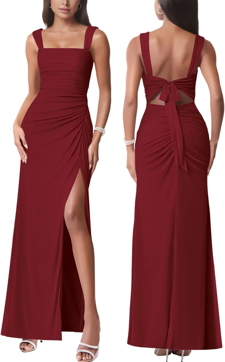 Women Sexy Mesh Tie Low Back Sleeveless Split Ruched Maxi Dress Party Cocktail Long Dress Wedding Guest Dresses
