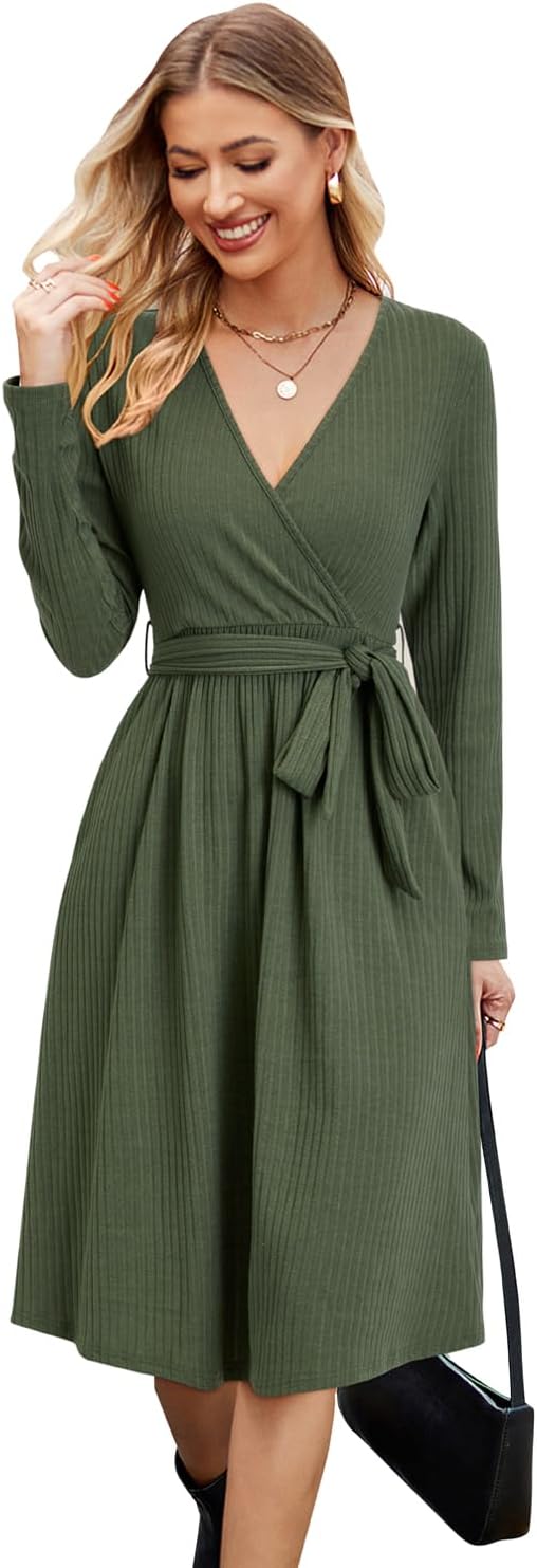 Newshows Womens 2025 Fall Dresses Teacher Church Business Casual Work Outfits Knit Midi Sweater Pockets Belt Dress