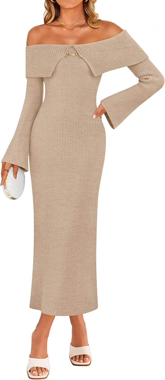 ZESICA Women's Fall Off Shoulder Sweater Dress 2025 Bell Long Sleeve Ribbed Knit Bodycon Formal Maxi Dresses