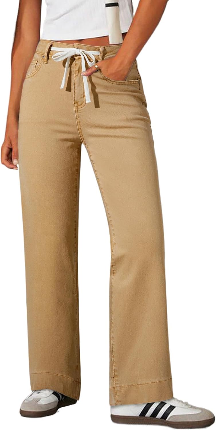 Sidefeel Women's Wide Leg Jeans High Waisted Stretchy Straight Leg Baggy Drawstring Zimbaplatinum Denim Pants