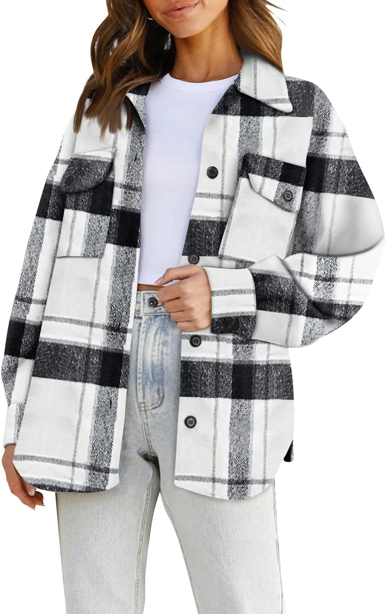 Trendy Queen Womens Flannel Shacket Casual Jacket Plaid Button Down Long Sleeve Shirt Fall Winter Outfits
