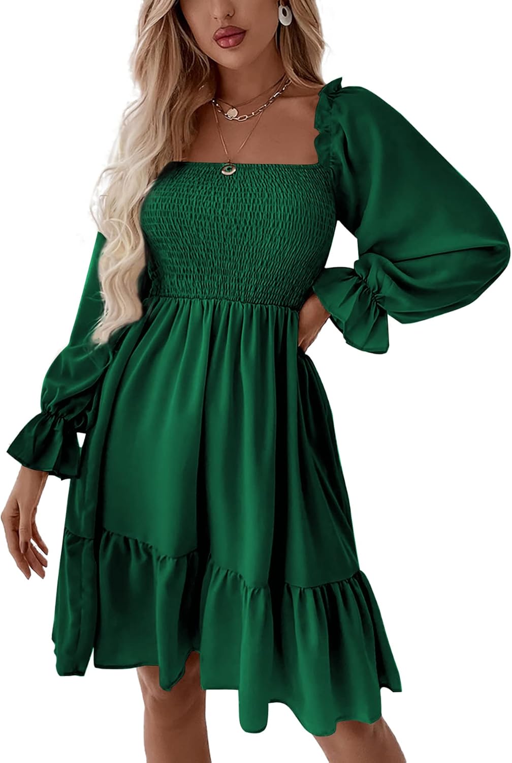 LYANER Women's Square Neck Lantern Long Sleeve Ruffle Shirred Flowy Party Mini Dress