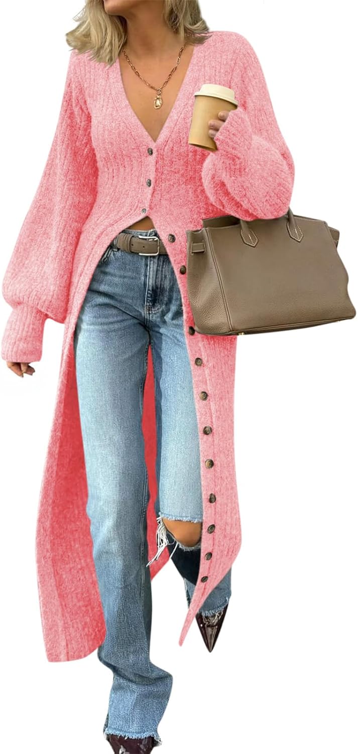 Saodimallsu Womens Long Cardigans V Neck Button Down Chunky Knit Dusters Sweater Coat Fall Trendy Maxi Sweater Dress
