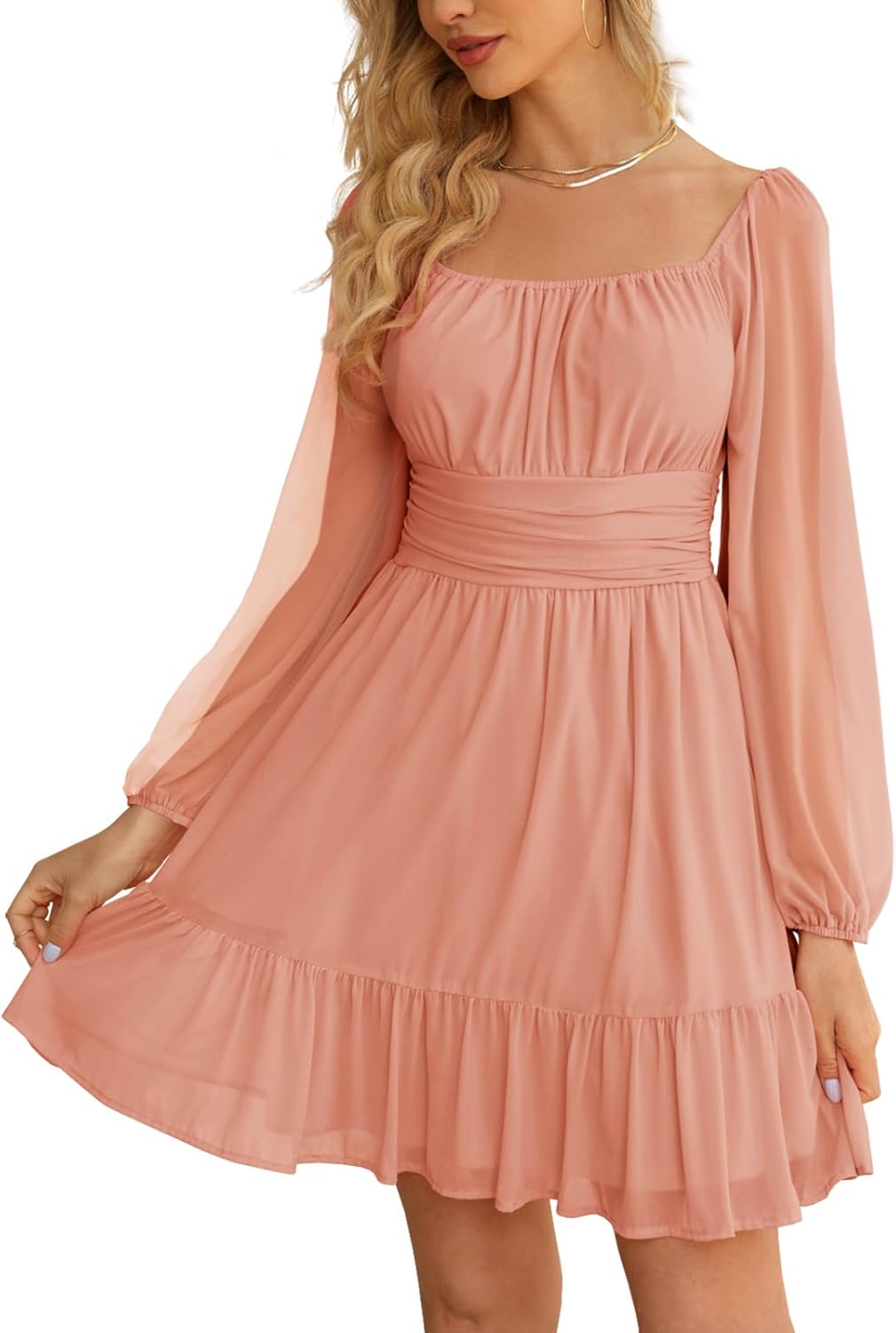 Wenrine Women's Mesh Long Sleeve Square Neck Dress High Waist A Line Ruffle Hem Flowy Casual Party Mini Dress