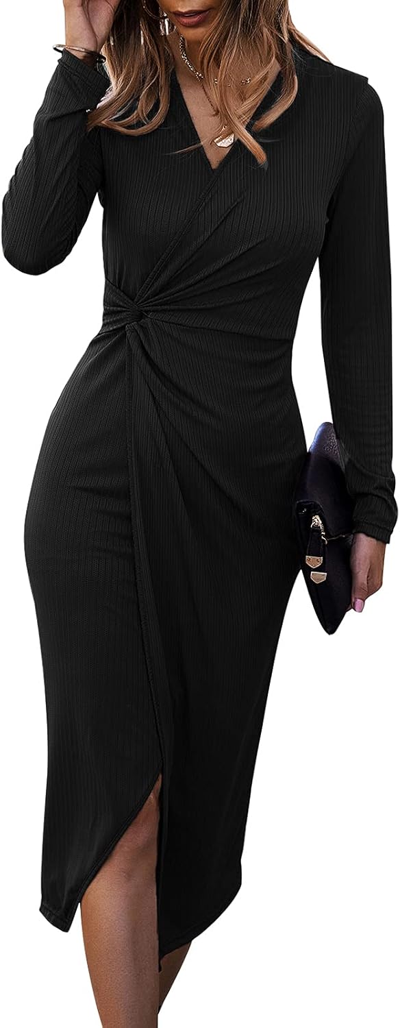 SHIBEVER Women's Long Sleeve Dress: Midi Casual V Neck Twist Waist Ribbed Knit Bodycon Slit Cocktail Party Dresses