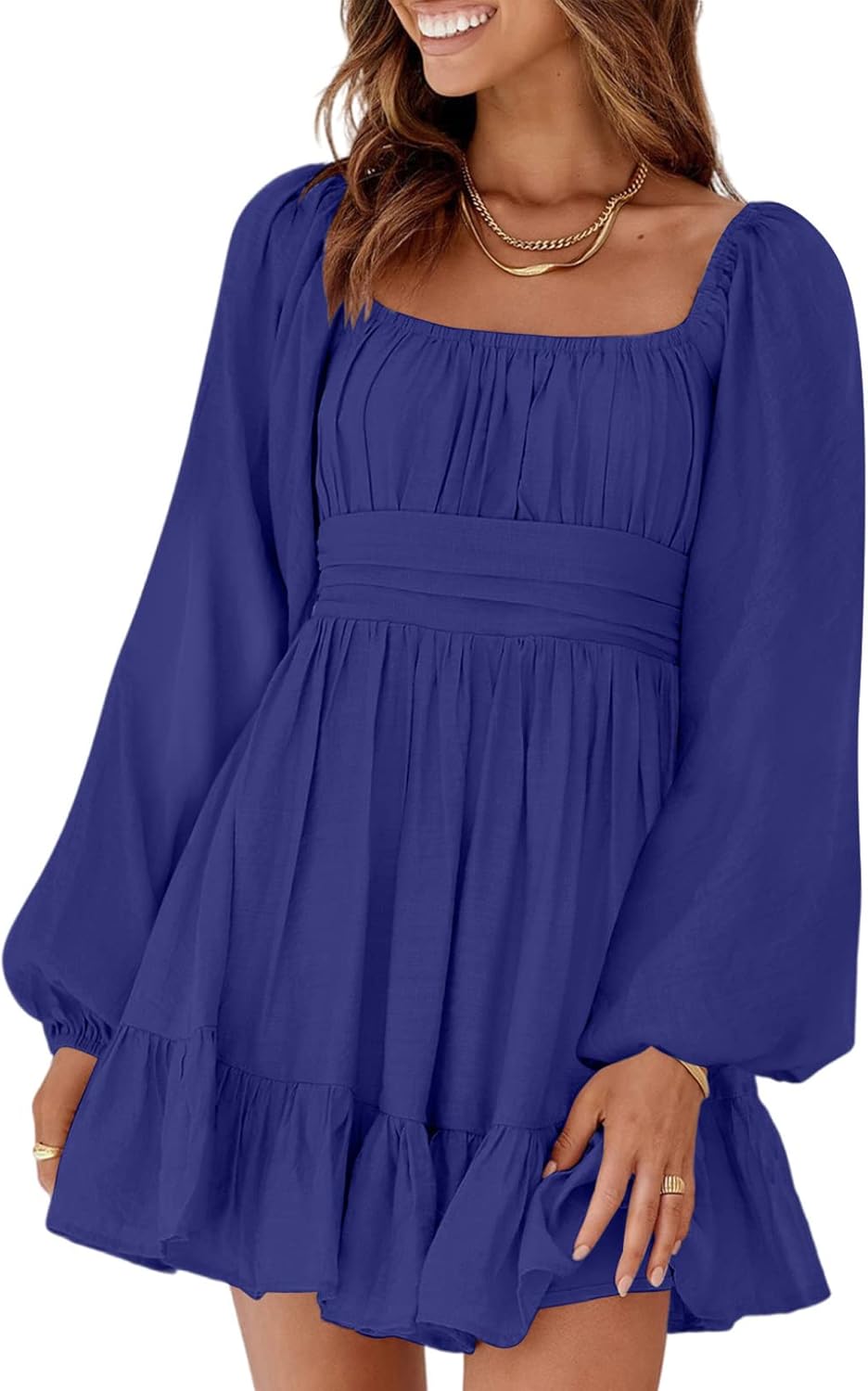 Dokotoo Womens Dress Long Lantern Sleeve Square Neck Tie Backless Sexy Dress Ruffle Elastic Waist A-Line Mini Dress