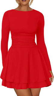 Kaximil Women's Crew Neck Long Sleeve Corset Mini Dress Ruffle Hem Short Party Club Dresses