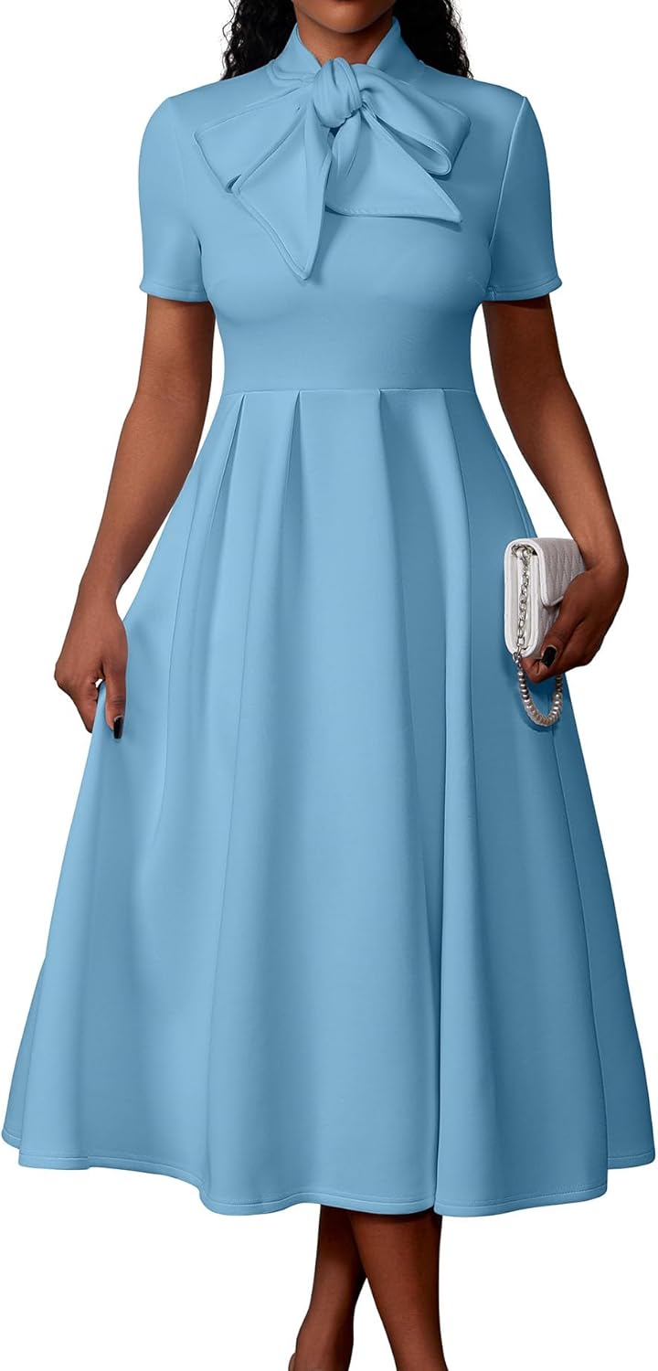 Memoriesea Women's Elegant Casual Short Sleeve Work Party A-Line Dress with Pockets