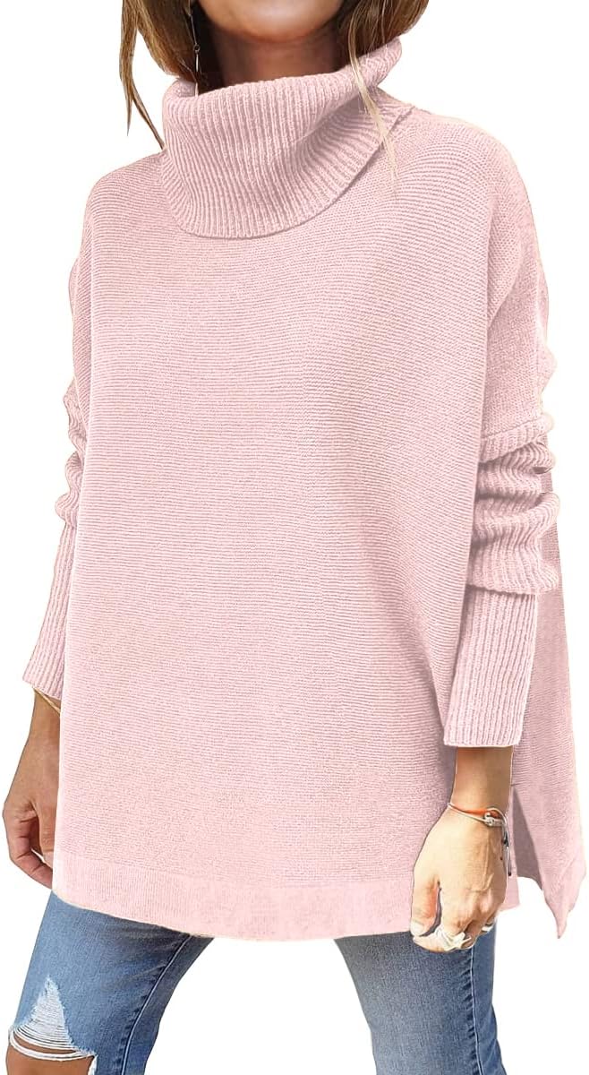 LILLUSORY Women's Turtleneck Oversized Sweaters Long Batwing Sleeve Spilt Hem Tunic Pullover Knit Tops